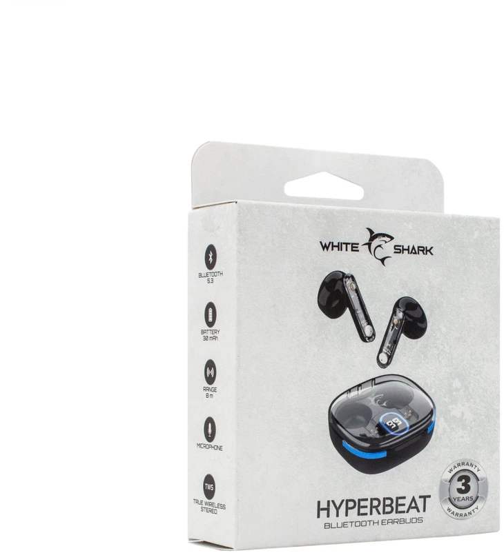 Dėklas Baltas Shark HYPERBEAT juodos Bluetooth į ausį įdedamos ausinės
