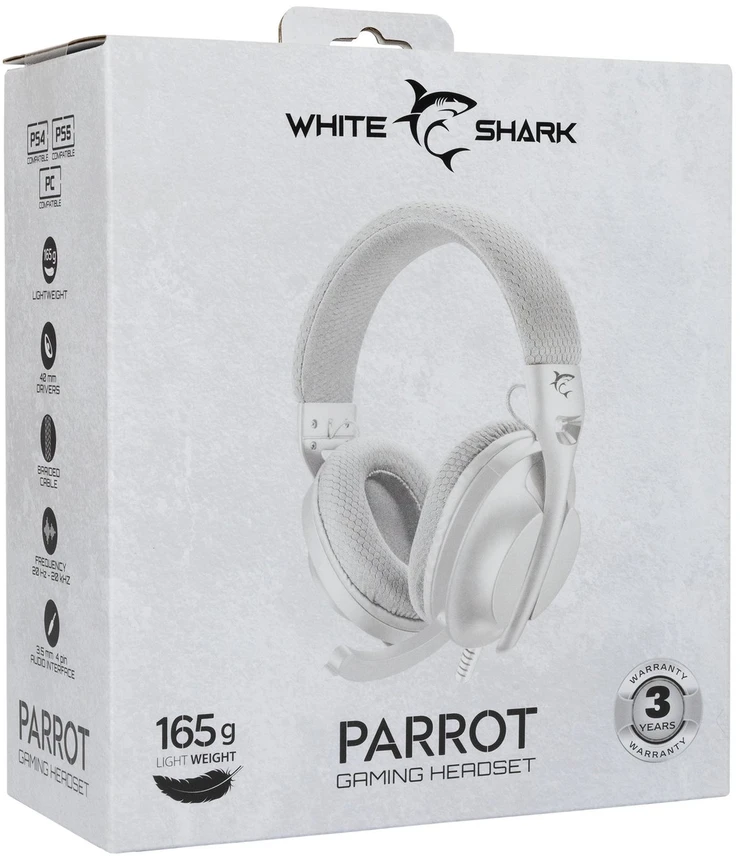 White Shark Baltas Shark Baltas Shark Ausinės Žaidimams PARROT, skirta PC, PS4/PS5, Mac, Baltas