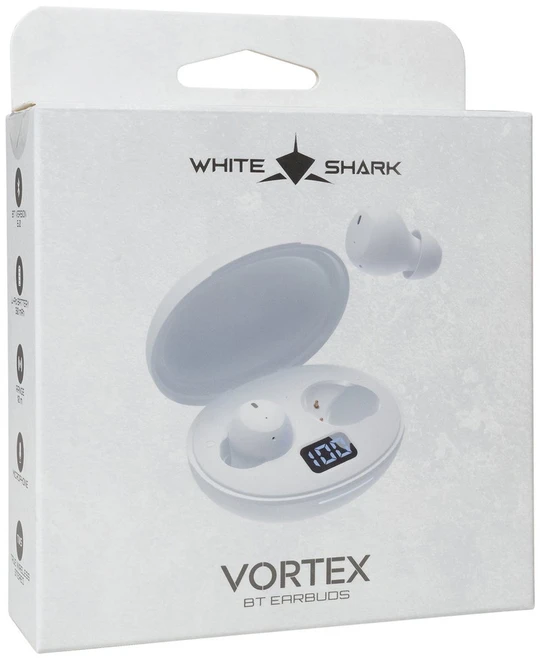 White shark Baltas Shark Vortex BT belaidės ausinės su įkrovimo dėklu, baltos
