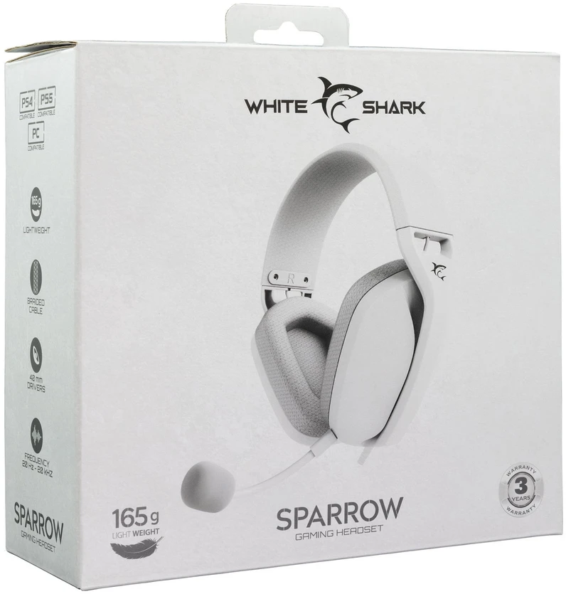 White Shark Baltas Shark Baltas Shark žaidimų ausinės SPARROW, pro PC, PS4/PS5, Mac, baltos spalvos (GH-2443)