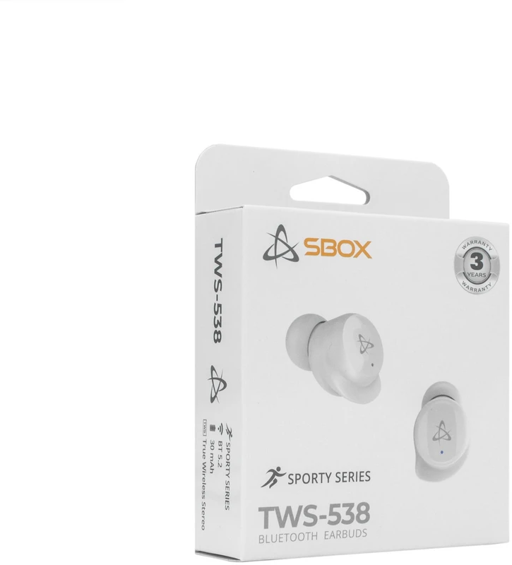 Dėklas Baltos belaidės Bluetooth ausinės į ausį Sbox EB-TWS538