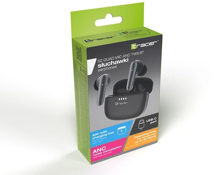 Ausinės Tracer S2 Quad ANC TWS BT juoda