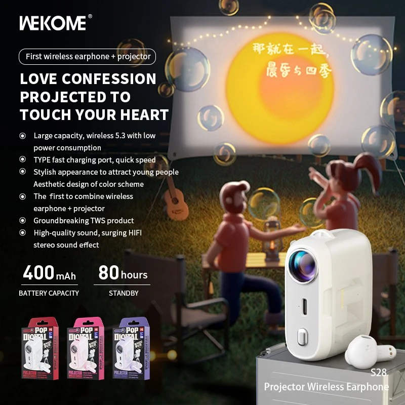 WEKOME S28 Pop Digital Series – Bluetooth V5.3 TWS belaidės ausinės su įkrovimo dėklu su projektoriaus funkcija (balta)