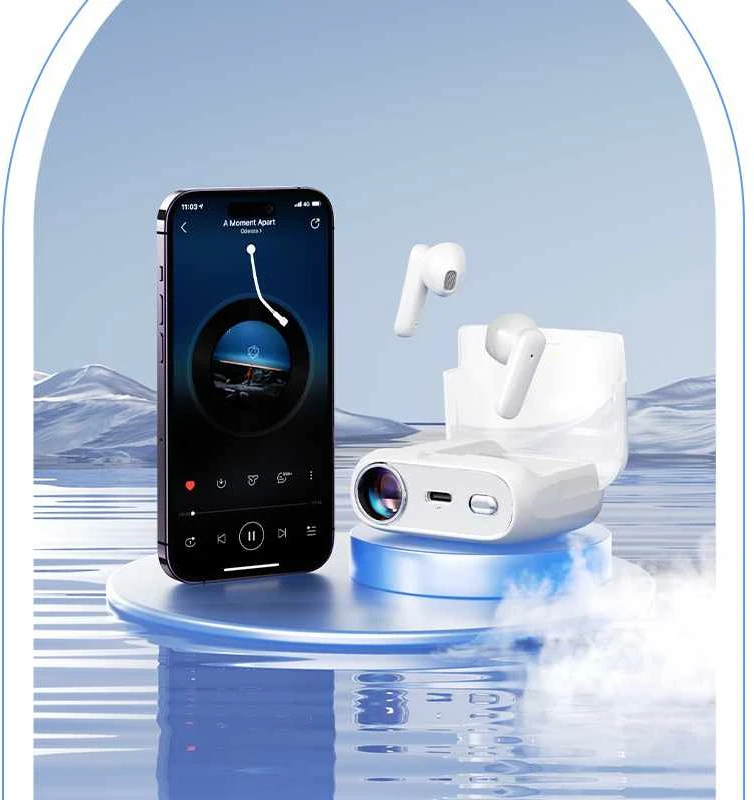 WEKOME S28 Pop Digital Series – Bluetooth V5.3 TWS belaidės ausinės su įkrovimo dėklu su projektoriaus funkcija (balta)