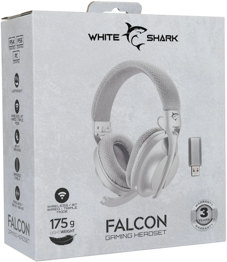 White Shark Baltas Shark Baltas Shark žaidimų belaidės ausinės FALCON, skirta PC, PS4/PS5, MAC, Baltas