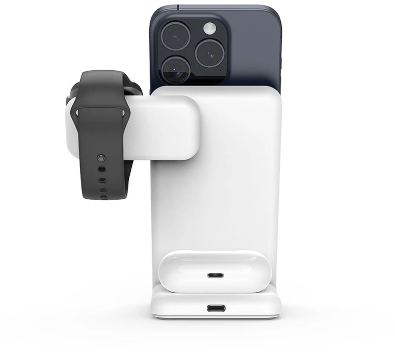 „Crong MagSpot Pivot“ stovas – „MagSafe“ įkroviklis, skirtas „Apple iPhone“, „Apple Watch“ ir „AirPods“ ausinėms, „Snow“ baltos spalvos