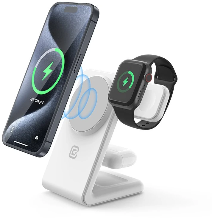„Crong MagSpot Pivot“ stovas – „MagSafe“ įkroviklis, skirtas „Apple iPhone“, „Apple Watch“ ir „AirPods“ ausinėms, „Snow“ baltos spalvos