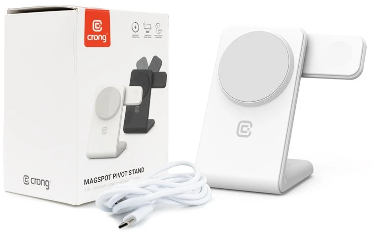 „Crong MagSpot Pivot“ stovas – „MagSafe“ įkroviklis, skirtas „Apple iPhone“, „Apple Watch“ ir „AirPods“ ausinėms, „Snow“ baltos spalvos