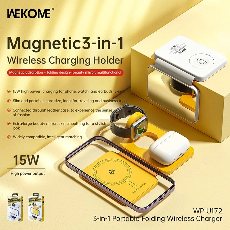 WEKOME WP-U172 - 3-in-1 belaidis įkroviklis su MagSafe for Apple iPhone, Apple Watch, and AirPods + Mirror Geltona