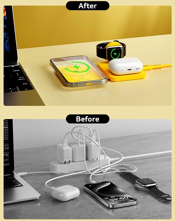 WEKOME WP-U172 - 3-in-1 belaidis įkroviklis su MagSafe for Apple iPhone, Apple Watch, and AirPods + Mirror Geltona