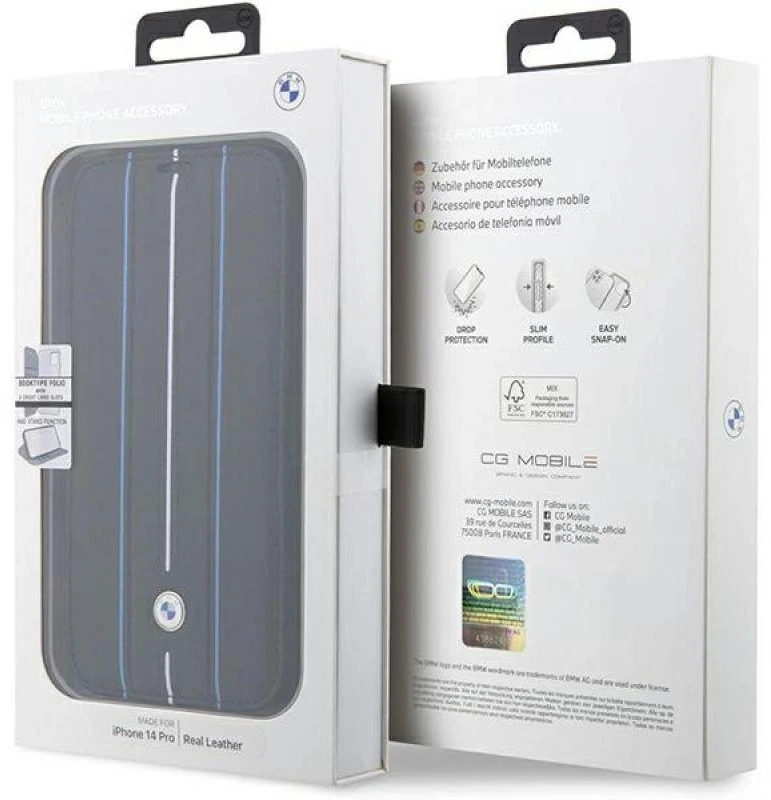 BMW BMBKP14L22RVSK dėklas Apple iPhone 14 Pro 6.1″ juodos spalvos bookdėklas Leather Stamp Mėlyna Lines