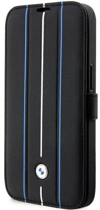 BMW BMBKP14L22RVSK dėklas Apple iPhone 14 Pro 6.1″ juodos spalvos bookdėklas Leather Stamp Mėlyna Lines