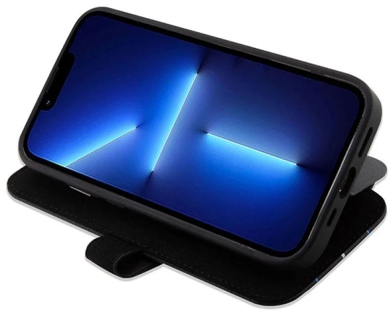 BMW BMBKP14L22RVSK dėklas Apple iPhone 14 Pro 6.1″ juodos spalvos bookdėklas Leather Stamp Mėlyna Lines
