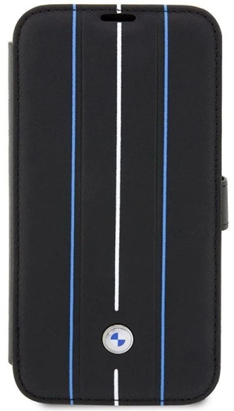 BMW BMBKP14L22RVSK dėklas Apple iPhone 14 Pro 6.1″ juodos spalvos bookdėklas Leather Stamp Mėlyna Lines