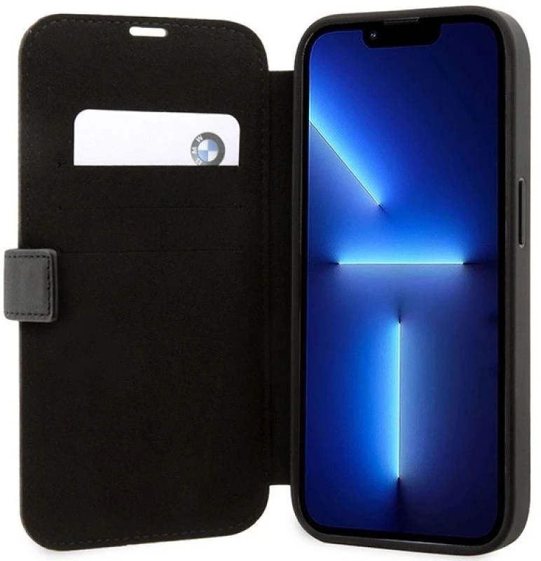 BMW BMBKP14L22RVSK dėklas Apple iPhone 14 Pro 6.1″ juodos spalvos bookdėklas Leather Stamp Mėlyna Lines