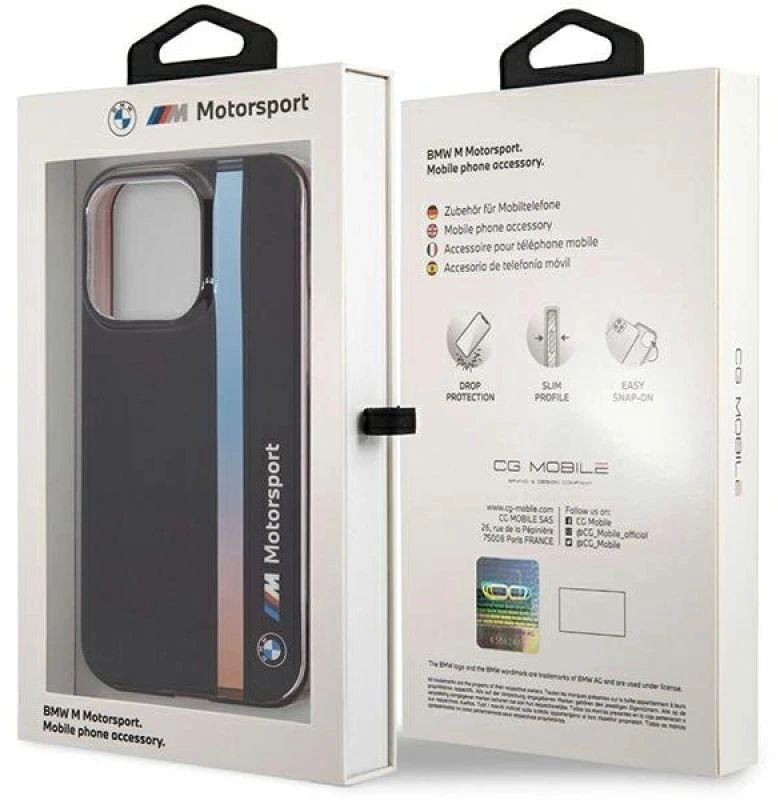 Dėklas BMW BMHCP14L22HVGV Apple iPhone 14 Pro 6.1″ juodos spalvos IML Tricolor Stripe