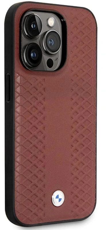 BMW BMHCP14L22RFGR dėklas iPhone 14 Pro 6.1″ burgundinės spalvos odinis su rombų raštu