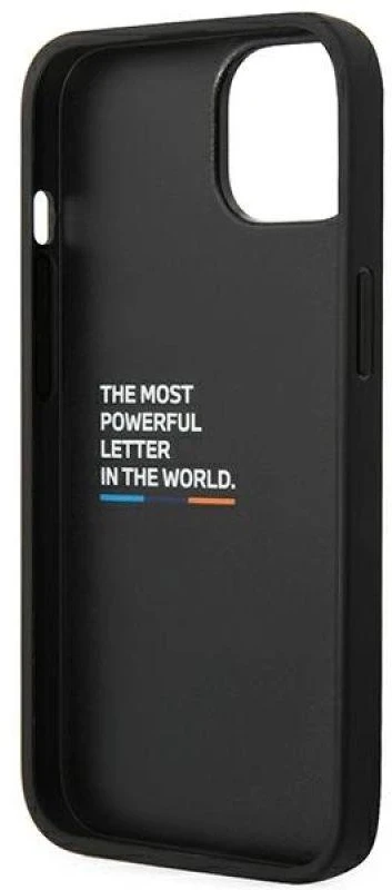 Dėklas BMW BMHCP14M22PTDK Apple iPhone 14 Plus / 15 Plus 6,7″ juodos spalvos Leather Stamp Tricolor