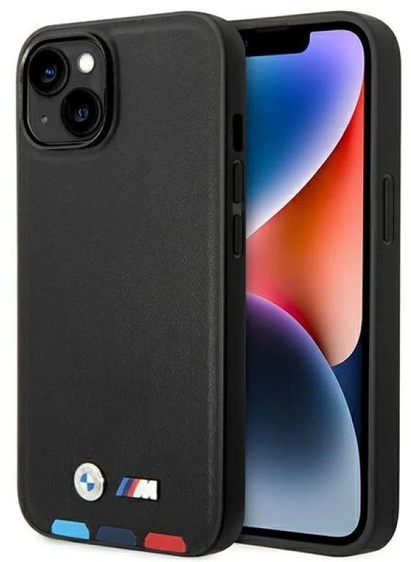 Dėklas BMW BMHCP14M22PTDK Apple iPhone 14 Plus / 15 Plus 6,7″ juodos spalvos Leather Stamp Tricolor