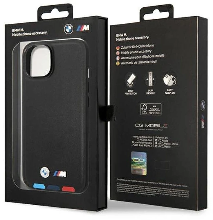 Dėklas BMW BMHCP14M22PTDK Apple iPhone 14 Plus / 15 Plus 6,7″ juodos spalvos Leather Stamp Tricolor