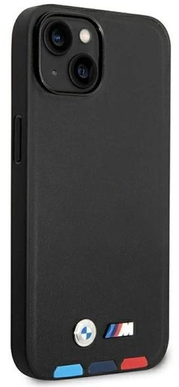 Dėklas BMW BMHCP14M22PTDK Apple iPhone 14 Plus / 15 Plus 6,7″ juodos spalvos Leather Stamp Tricolor