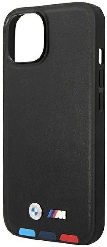 Dėklas BMW BMHCP14M22PTDK Apple iPhone 14 Plus / 15 Plus 6,7″ juodos spalvos Leather Stamp Tricolor
