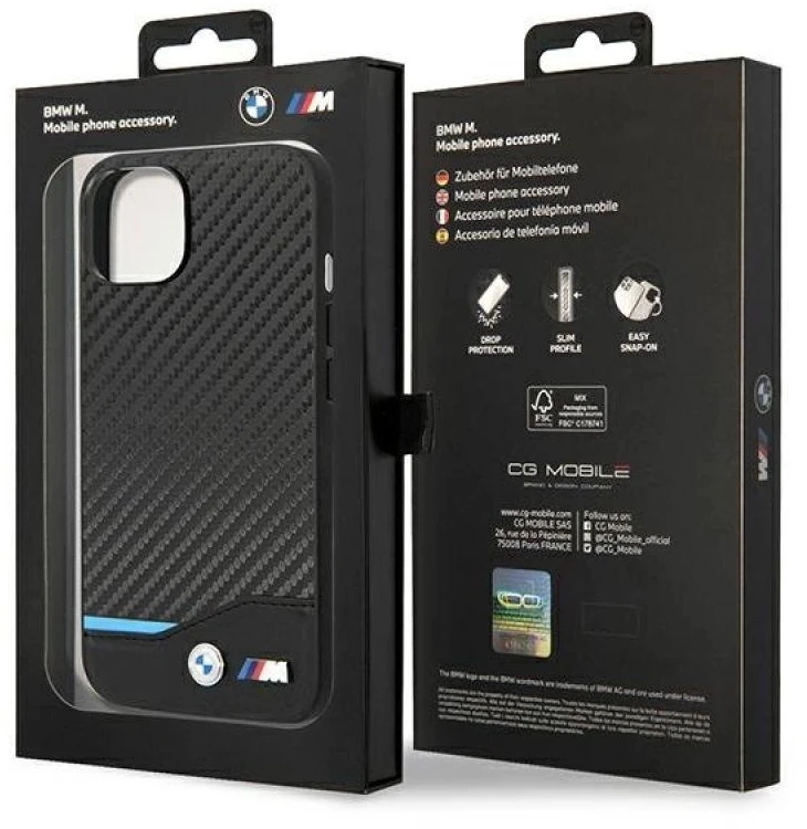 Dėklas BMW BMHCP14S22NBCK Apple iPhone 14 / 15 / 13 6.1″ juodos spalvos Leather Carbon