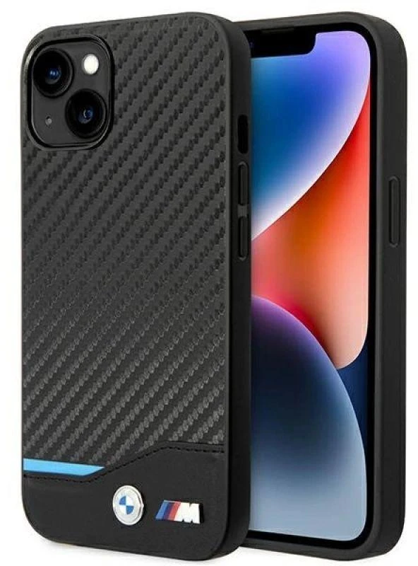 Dėklas BMW BMHCP14S22NBCK Apple iPhone 14 / 15 / 13 6.1″ juodos spalvos Leather Carbon