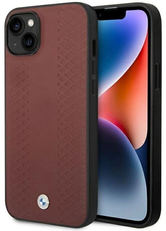 BMW BMHCP14S22RFGR dėklas Apple iPhone 14 15 13 6.1″ burgundy Leather Diamond Pattern