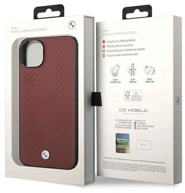 BMW BMHCP14S22RFGR dėklas Apple iPhone 14 15 13 6.1″ burgundy Leather Diamond Pattern