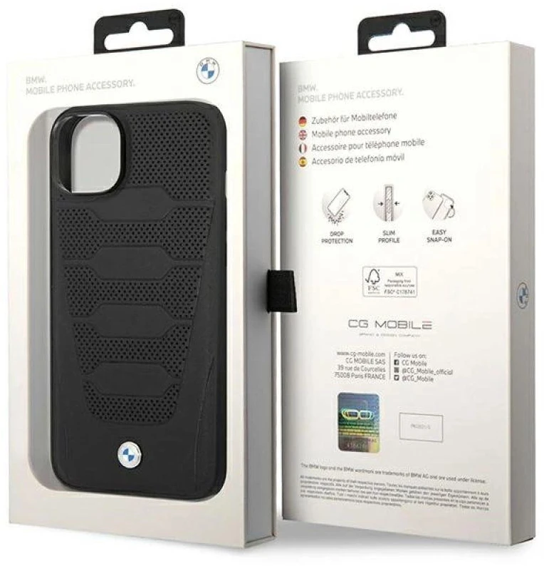 Dėklas BMW BMHCP14S22RPSK Apple iPhone 14 / 15 / 13 6.1″ juodos spalvos Leather Seats Pattern