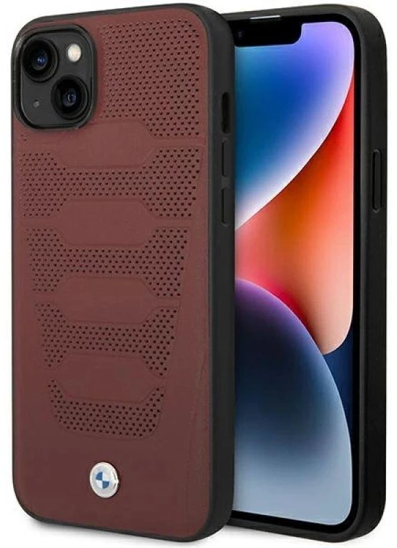Dėklas BMW BMHCP14S22RPSR Apple iPhone 14 / 15 / 13 6.1" bordo spalvos odinės sėdynės su raštu