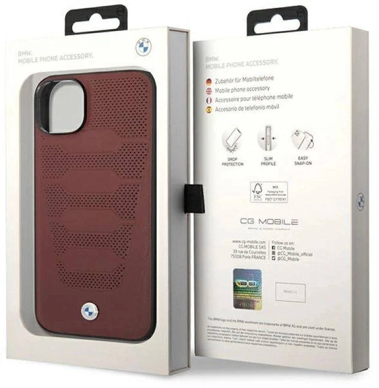 Dėklas BMW BMHCP14S22RPSR Apple iPhone 14 / 15 / 13 6.1" bordo spalvos odinės sėdynės su raštu