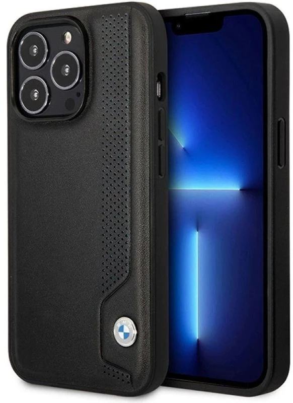 BMW BMHCP14X22RBDK dėklas Apple iPhone 14 Pro Max 6.7″ juodos spalvos kietas dėklas Leather Mėlyna Dots