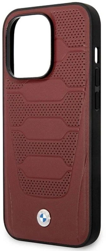 BMW BMHMP14L22RPSR dėklas Apple iPhone 14 Pro 6.1 bordo spalvos odinės sėdynės su MagSafe raštu