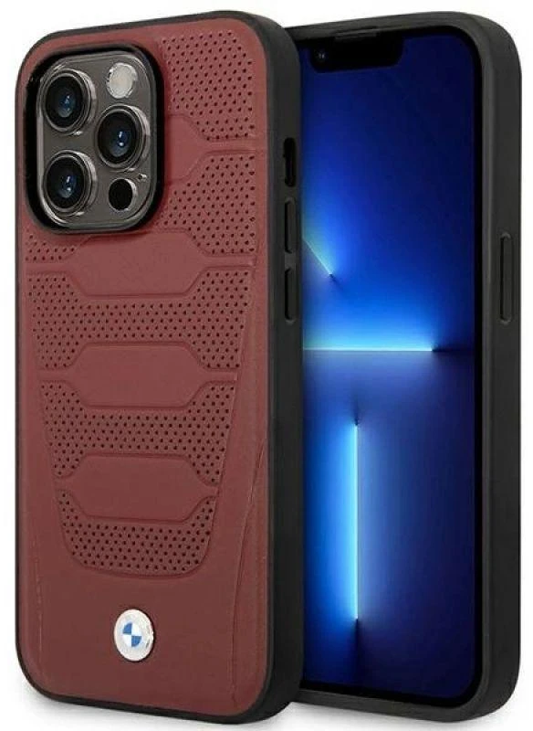 BMW BMHMP14L22RPSR dėklas Apple iPhone 14 Pro 6.1 bordo spalvos odinės sėdynės su MagSafe raštu