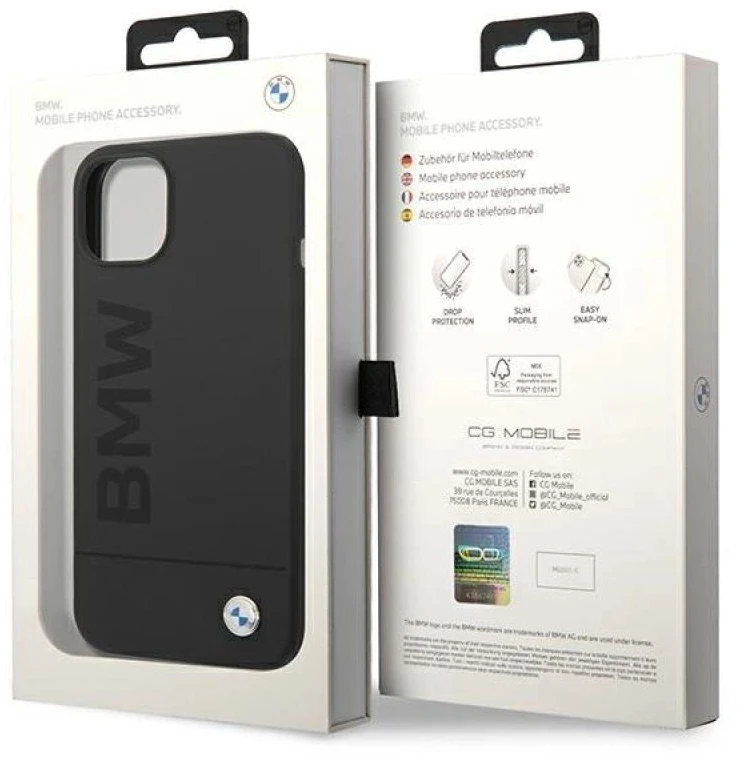 BMW BMHMP14MSLBLBK Apple iPhone 14 Plus / 15 Plus 6,7″ juodos spalvos kietas dėklas Silicone Signature Logo M
