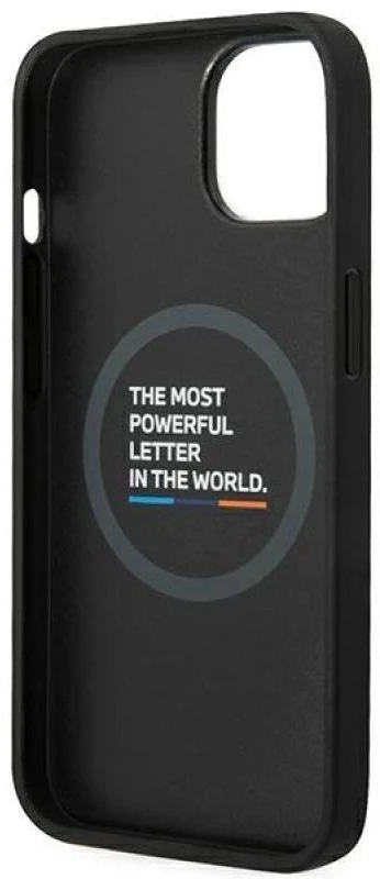 Dėklas BMW BMHMP14S22PTDK Apple iPhone 14 / 15 / 13 6.1″ juodos spalvos Leather Stamp Tricolor Magsafe