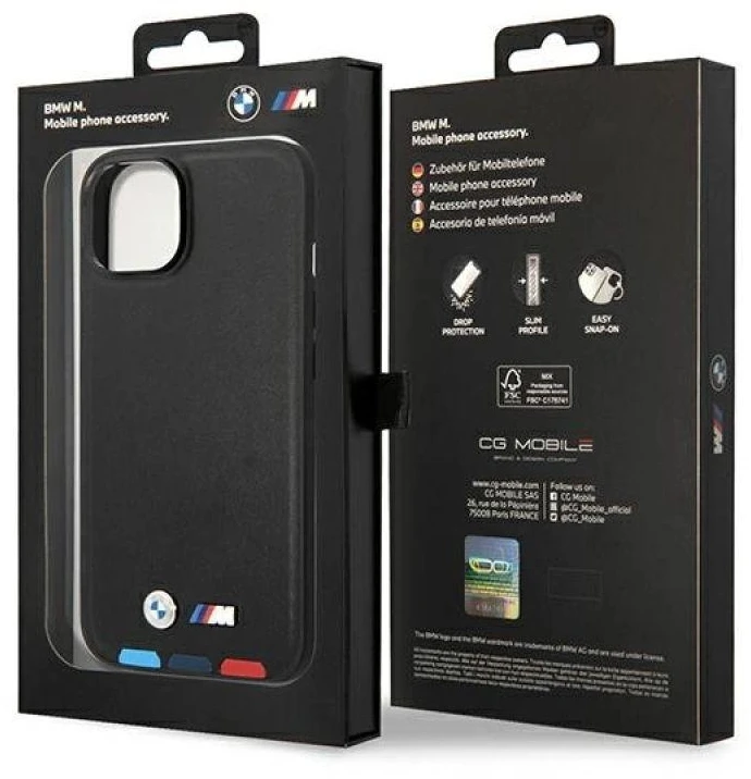 Dėklas BMW BMHMP14S22PTDK Apple iPhone 14 / 15 / 13 6.1″ juodos spalvos Leather Stamp Tricolor Magsafe