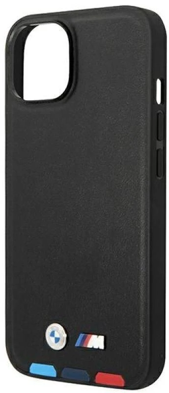 Dėklas BMW BMHMP14S22PTDK Apple iPhone 14 / 15 / 13 6.1″ juodos spalvos Leather Stamp Tricolor Magsafe