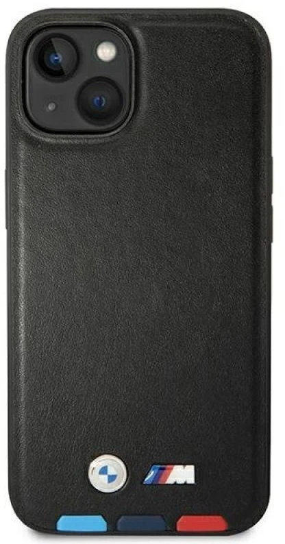 Dėklas BMW BMHMP14S22PTDK Apple iPhone 14 / 15 / 13 6.1″ juodos spalvos Leather Stamp Tricolor Magsafe