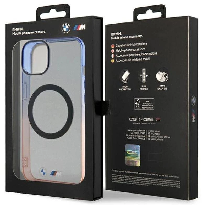 BMW BMHMP14SHTGE dėklas Apple iPhone 14 15 13 6.1″ pilka kietas dėklas Gradient Bumper MagSafe