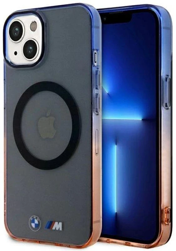 BMW BMHMP14SHTGE dėklas Apple iPhone 14 15 13 6.1″ pilka kietas dėklas Gradient Bumper MagSafe