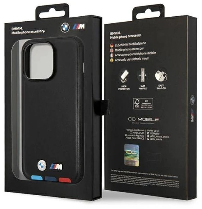 Dėklas BMW BMHMP14X22PTDK Apple iPhone 14 Pro Max 6,7″ juodos spalvos Leather Stamp Tricolor Magsafe