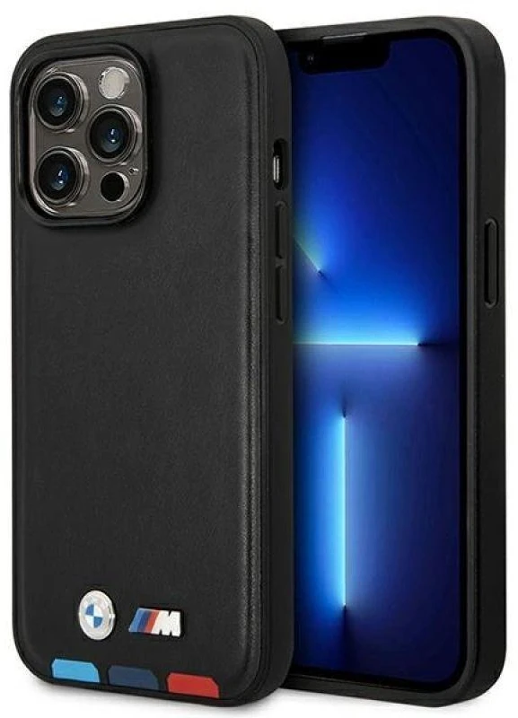 Dėklas BMW BMHMP14X22PTDK Apple iPhone 14 Pro Max 6,7″ juodos spalvos Leather Stamp Tricolor Magsafe