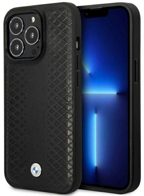 BMW BMHMP14X22RFGK dėklas Apple iPhone 14 Pro Max 6.7″ juodos spalvos Leather Diamond Pattern MagSafe