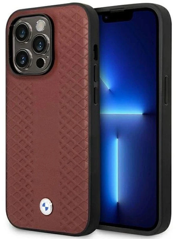 BMW BMHMP14X22RFGR dėklas Apple iPhone 14 Pro Max 6.7″ burgundy Leather Diamond Pattern MagSafe