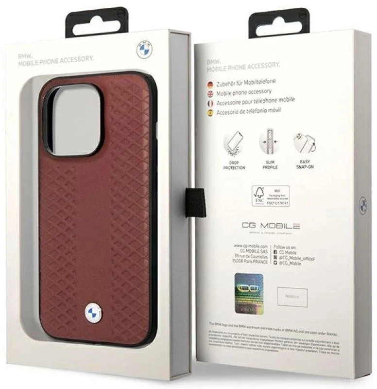BMW BMHMP14X22RFGR dėklas Apple iPhone 14 Pro Max 6.7″ burgundy Leather Diamond Pattern MagSafe