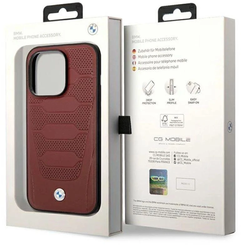 BMW BMHMP14X22RPSR dėklas Apple iPhone 14 Pro Max 6.7″ burgundy Leather Seats Pattern MagSafe