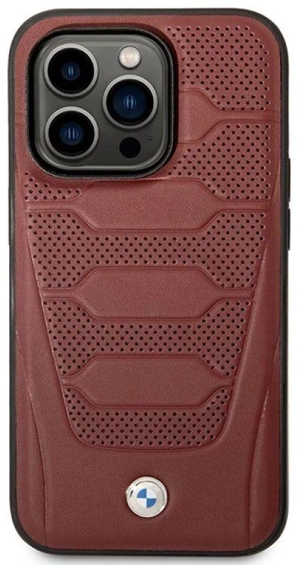 BMW BMHMP14X22RPSR dėklas Apple iPhone 14 Pro Max 6.7″ burgundy Leather Seats Pattern MagSafe
